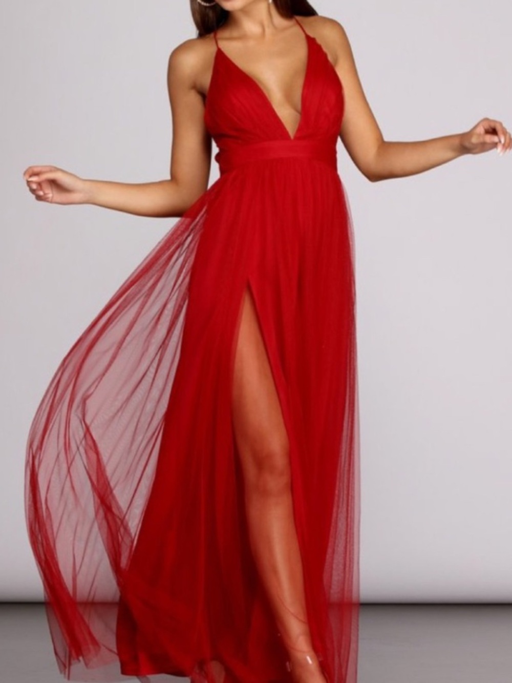 Sexy Red Plunge V-Neck Tulle Dress